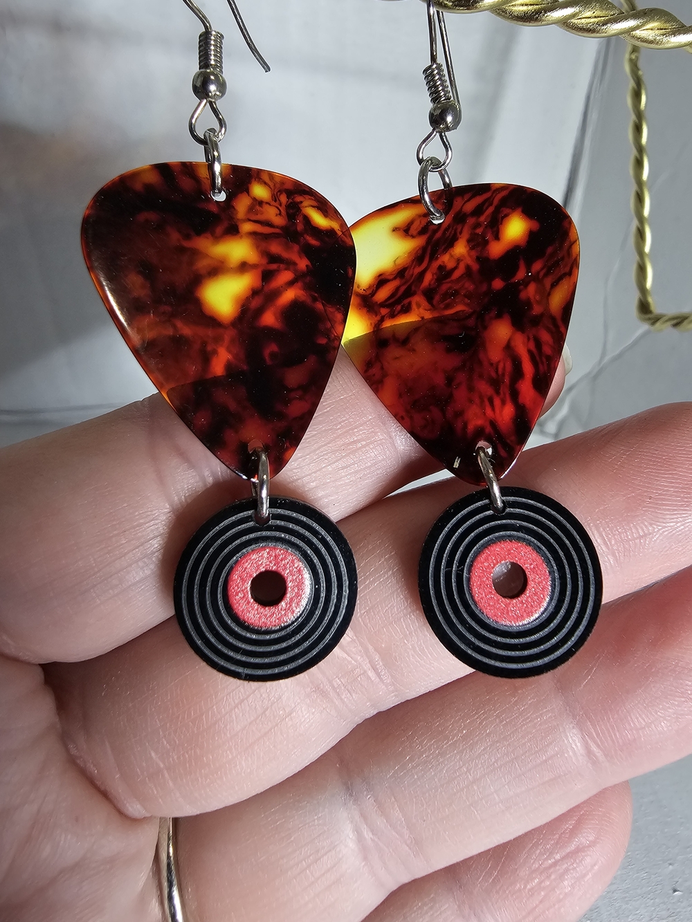Tortoiseshell Teardrop Earrings with Black and Red Disk Accents